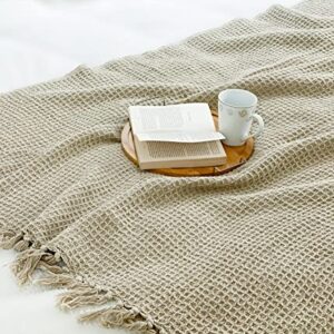 Chardin home Stonewash Beige Waffle Weave Throw, 50x60 Inch 100% Cotton- Large, Wearable, Breathable, Skin-Friendly & Cozy Everyday use Blanket for Couch, Bed, Sofa - Soft & Lightweight Picnic Throw