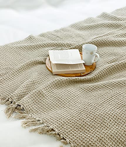 Chardin home Stonewash Beige Waffle Weave Throw, 50x60 Inch 100% Cotton- Large, Wearable, Breathable, Skin-Friendly & Cozy Everyday use Blanket for Couch, Bed, Sofa - Soft & Lightweight Picnic Throw