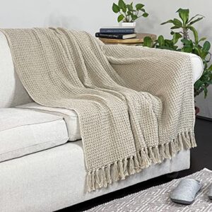 Chardin home Stonewash Beige Waffle Weave Throw, 50x60 Inch 100% Cotton- Large, Wearable, Breathable, Skin-Friendly & Cozy Everyday use Blanket for Couch, Bed, Sofa - Soft & Lightweight Picnic Throw