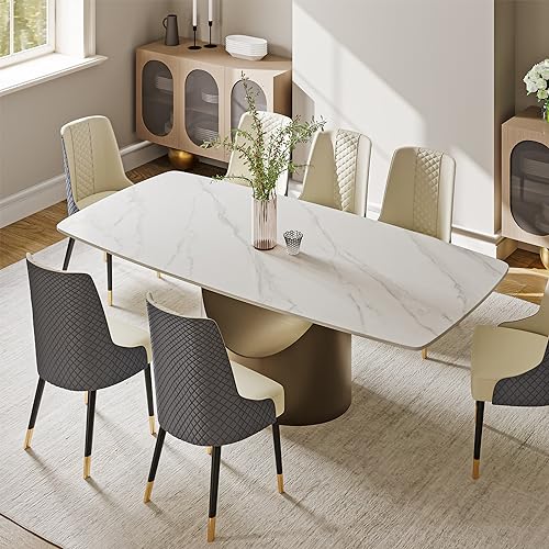 POVISON Modern Dining Table, 79 Inch White Dining Room Table for up to 8, Sintered Stone Table Top, Rectangular Pedestal Dining Table with Gold Carbon Steel Base for Kitchen & Dining