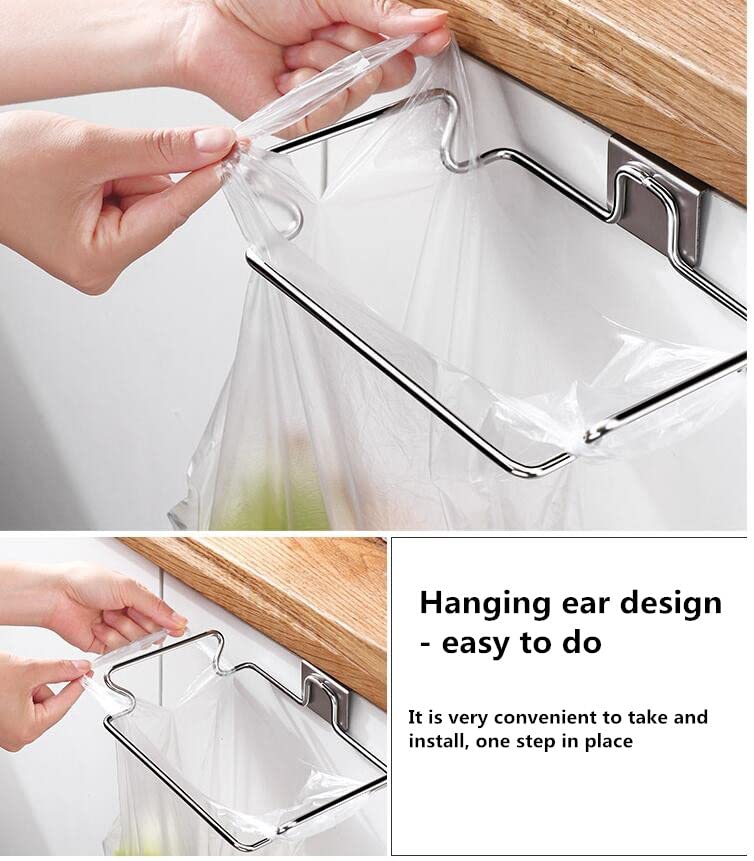 Stainless Steel Hanging Garbage Bag Rack, Punch-Free Trash Bag Holder Magic Multi-Functional Garbage Bag Hanger for Kitchen Storage Cabinet Door Cupboards (Silver)