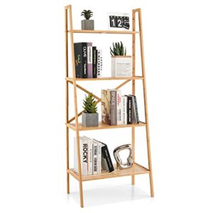 giantex 4-tier bamboo bookshelf, multifunctional storage display rack shelves with anti-tipping device, natural wood ladder shelf for home office kitchen bathroom
