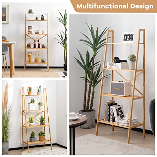 Giantex 4-Tier Bamboo Bookshelf, Multifunctional Storage Display Rack Shelves with Anti-Tipping Device, Natural Wood Ladder Shelf for Home Office Kitchen Bathroom