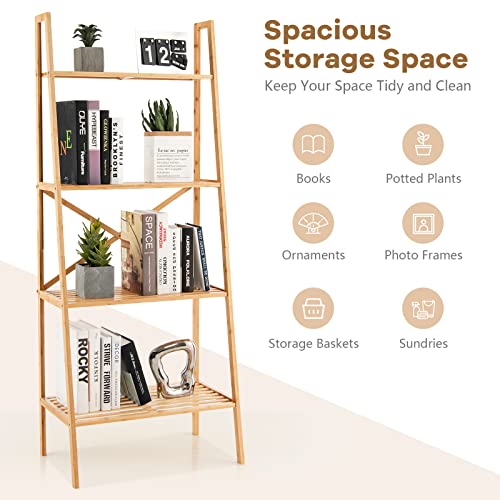 Giantex 4-Tier Bamboo Bookshelf, Multifunctional Storage Display Rack Shelves with Anti-Tipping Device, Natural Wood Ladder Shelf for Home Office Kitchen Bathroom