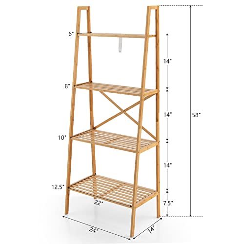 Giantex 4-Tier Bamboo Bookshelf, Multifunctional Storage Display Rack Shelves with Anti-Tipping Device, Natural Wood Ladder Shelf for Home Office Kitchen Bathroom