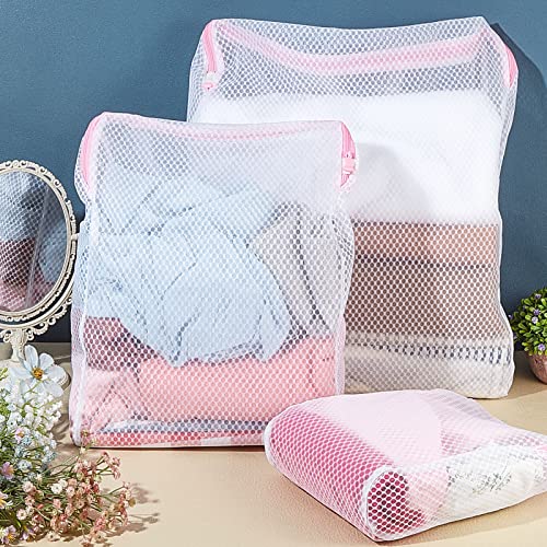 5 Pack Honeycomb Mesh Laundry Bag with Handle Delicate Bag for Washing Machine Large Opening Side Widening Zippered Mesh Bag Lingerie Bag for Sock Bra Baby Items Travel Garment, 3 Sizes (Pink)