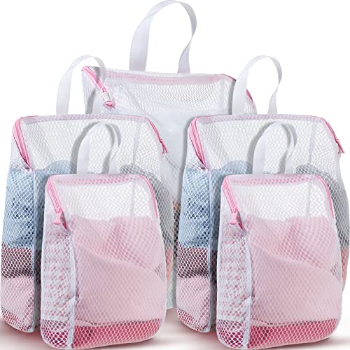 5 Pack Honeycomb Mesh Laundry Bag with Handle Delicate Bag for Washing Machine Large Opening Side Widening Zippered Mesh Bag Lingerie Bag for Sock Bra Baby Items Travel Garment, 3 Sizes (Pink)