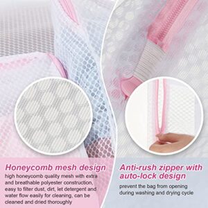 5 Pack Honeycomb Mesh Laundry Bag with Handle Delicate Bag for Washing Machine Large Opening Side Widening Zippered Mesh Bag Lingerie Bag for Sock Bra Baby Items Travel Garment, 3 Sizes (Pink)