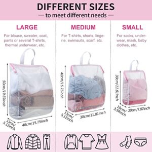 5 Pack Honeycomb Mesh Laundry Bag with Handle Delicate Bag for Washing Machine Large Opening Side Widening Zippered Mesh Bag Lingerie Bag for Sock Bra Baby Items Travel Garment, 3 Sizes (Pink)