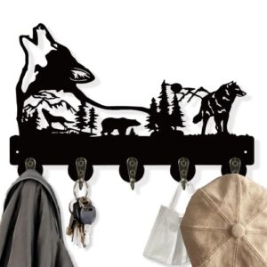 scitoy wolf key holder, animal theme wall mount organizer, wooden key hooks with 5 metal hooks,19 * 29 * 3cm black home decoration for storage, living room, hallway, office