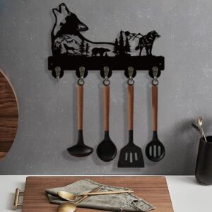 SCITOY Wolf Key Holder, Animal Theme Wall Mount Organizer, Wooden Key Hooks with 5 Metal Hooks,19 * 29 * 3cm Black Home Decoration for Storage, Living Room, Hallway, Office