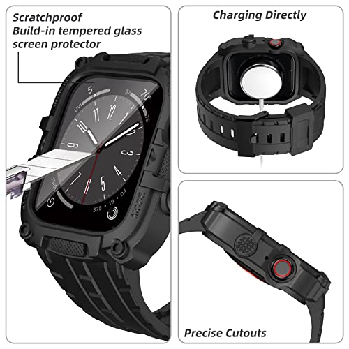 YALOCEA Compatible with Apple Watch Band 44mm with Case Built-in Screen Protector, Rugged Shockproof Strap Bumper Cover with Tempered Glass Screen Protector for iWatch Series 6/SE2/SE/5/4, Matte Black