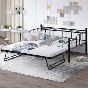 odc full size daybed with adjustable twin pop up trundle, heavy-duty steel metal extendable bed for bedroom living room,black