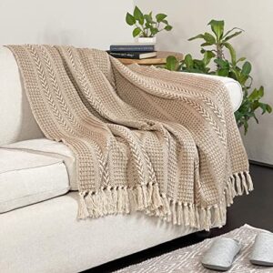 chardin home beige braided waffle weave throw, 50x60 inch recycled cotton- large, wearable, breathable, skin-friendly everyday use blanket for couch, bed, sofa - soft lightweight picnic rug