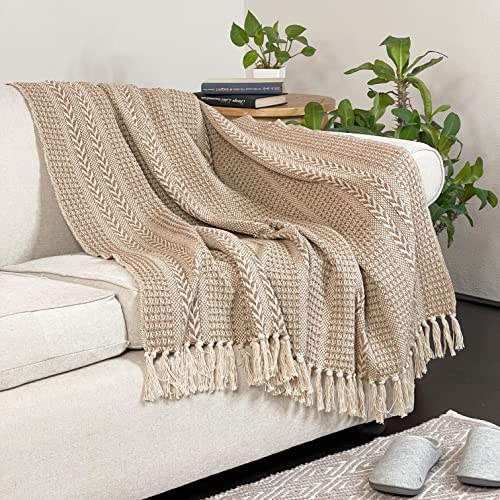 Chardin home Beige Braided Waffle Weave Throw, 50x60 Inch Recycled Cotton- Large, Wearable, Breathable, Skin-Friendly Everyday use Blanket for Couch, Bed, Sofa - Soft Lightweight Picnic Rug