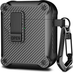 r-fun airpods case cover with automatic secure lock clip, protective rugged hard shell for apple airpods 2nd & 1st generation charging case with carbon fiber keychain-black