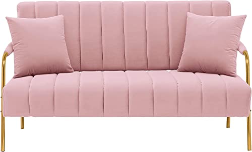 60" Contemporary Loveseat Sofa with 2 Pillows Modern Upholstered Twin Size Small Loveseat Couch Accent Sofa for Small Spaces Cashmere Sofa Couch with Golden Metal Legs for Bedroom Living Room (Pink)