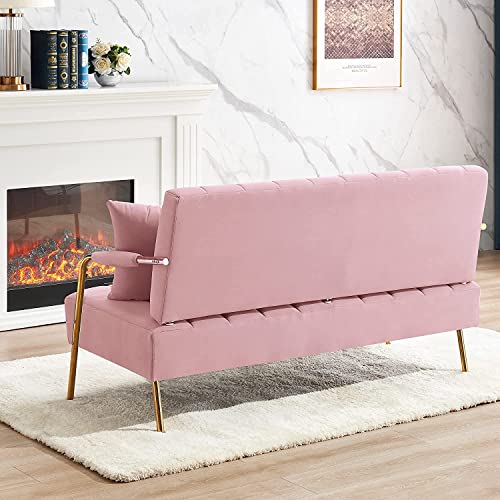 60" Contemporary Loveseat Sofa with 2 Pillows Modern Upholstered Twin Size Small Loveseat Couch Accent Sofa for Small Spaces Cashmere Sofa Couch with Golden Metal Legs for Bedroom Living Room (Pink)