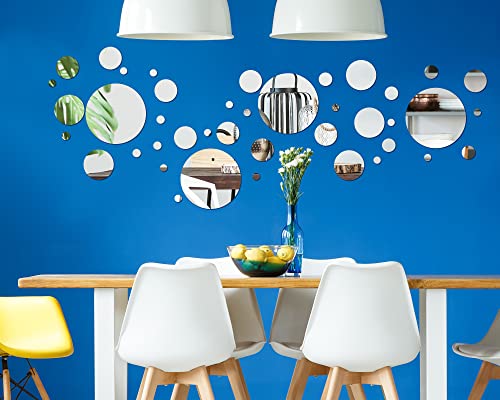 Mirror Wall Stickers Acrylic Mirror Setting Round Peel and Stick Mirror Circle Stick on Mirrors for Wall Decorative Mirror Decals 3D Self Adhesive Mirror Tiles for Living Room Bedroom Decor (48 Pcs)