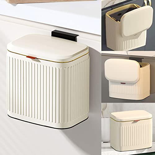 Hanging Kitchen Trash Can with Lid, Sapouni Small Compost Bin for Countertop or Under Sink 1.05 Gallon/4L Wall-Mounted Kitchen Garbage Can Stainless Steel Mini Waste Bins (Milky white，Vertical stripe)