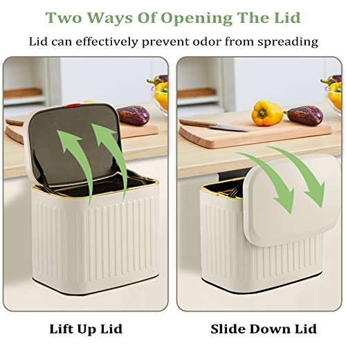 Hanging Kitchen Trash Can with Lid, Sapouni Small Compost Bin for Countertop or Under Sink 1.05 Gallon/4L Wall-Mounted Kitchen Garbage Can Stainless Steel Mini Waste Bins (Milky white，Vertical stripe)