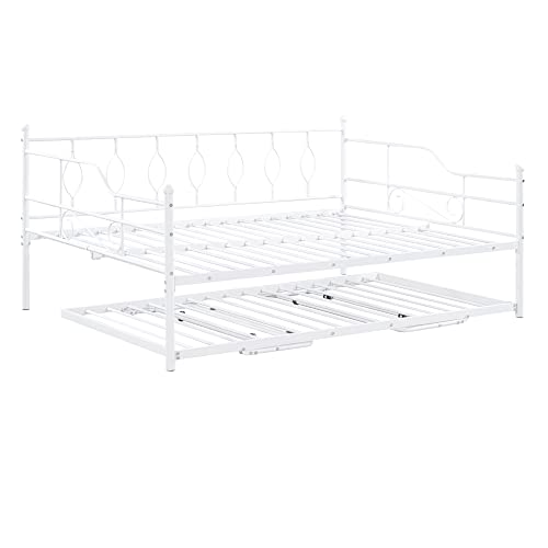 Full Size Daybed with Trundle Heavy-Duty Metal Day Bed Frame with Twin Size Adjustable Trundle Beds for Living Room Bedroom, White(Circle Pattern)