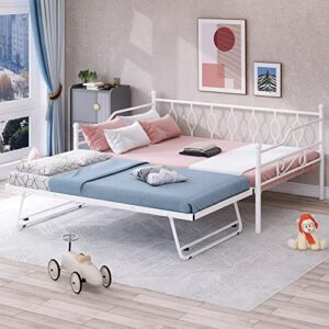 Full Size Daybed with Trundle Heavy-Duty Metal Day Bed Frame with Twin Size Adjustable Trundle Beds for Living Room Bedroom, White(Circle Pattern)