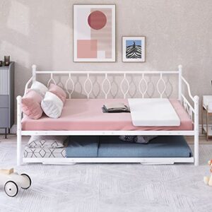 Full Size Daybed with Trundle Heavy-Duty Metal Day Bed Frame with Twin Size Adjustable Trundle Beds for Living Room Bedroom, White(Circle Pattern)