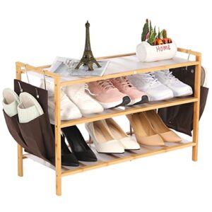 comokin bamboo 3 tier shoe rack stackable shoe shelf storage organizer with side pockets for unit entryway hallway and closet sturdy free standing shoe rack