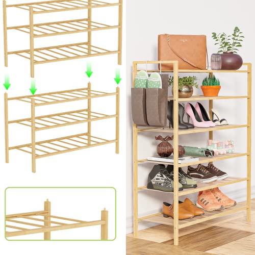 CoMokin Bamboo 3 Tier Shoe Rack Stackable Shoe Shelf Storage Organizer with Side Pockets for Unit Entryway Hallway and Closet Sturdy Free Standing Shoe Rack