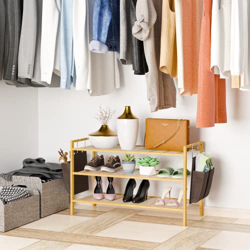 CoMokin Bamboo 3 Tier Shoe Rack Stackable Shoe Shelf Storage Organizer with Side Pockets for Unit Entryway Hallway and Closet Sturdy Free Standing Shoe Rack