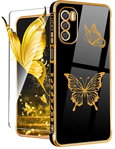 Coralogo for Moto G Stylus 5G 2022 Case (NOT FIT 4G) Butterfly for Women Girls Girly Cute Phone Cases Pretty Gold Plated Butterflies Design with Screen Black Cover for Motorola G Stylus 5G 2022 6.8"