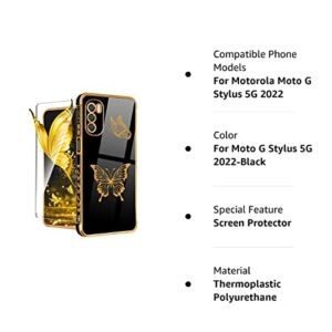 Coralogo for Moto G Stylus 5G 2022 Case (NOT FIT 4G) Butterfly for Women Girls Girly Cute Phone Cases Pretty Gold Plated Butterflies Design with Screen Black Cover for Motorola G Stylus 5G 2022 6.8"