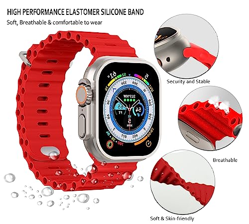 Compatible with Watch Ocean Band, for Apple Watch Band Ultra 49mm 45mm 44mm 42mm, Adjustable Silicone Sport Loop Strap Men Women for Bands Series 8 7 6 5 4 3 2 1 SE, Red