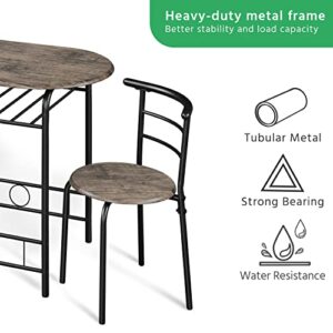 Yaheetech 3 Piece Round Dining Table Set Kitchen Breakfast Table Set for 2 Dining Table with 2 Chairs Space Saving Table Set w/Metal Frame, Wine Rack for Small Space/Apartment, Drift Brown