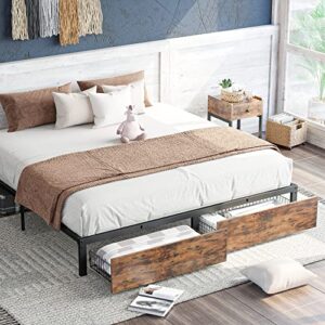 likimio bed frame king, metal platform bed with 2 industrial wood storage drawers and 12 strong steel slats, no box spring needed/easy assembly/noise-free/space-saving