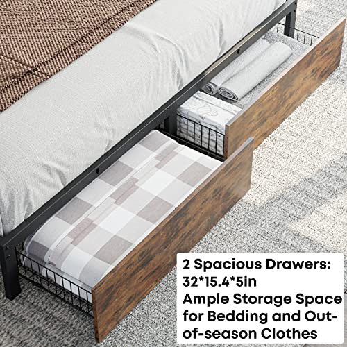 LIKIMIO Bed Frame King, Metal Platform Bed with 2 Industrial Wood Storage Drawers and 12 Strong Steel Slats, No Box Spring Needed/Easy Assembly/Noise-Free/Space-Saving