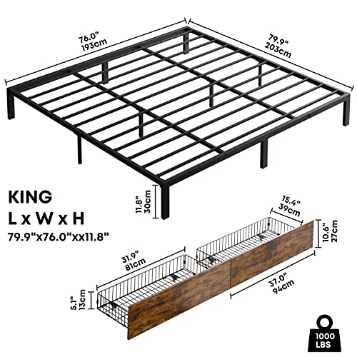 LIKIMIO Bed Frame King, Metal Platform Bed with 2 Industrial Wood Storage Drawers and 12 Strong Steel Slats, No Box Spring Needed/Easy Assembly/Noise-Free/Space-Saving