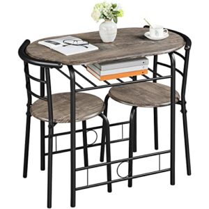 Topeakmart 3-Piece Round Dining Table Set, Kitchen Breakfast Table and Chairs Set for 2, Space Saving Table Set with Steel Legs, Storage Rack for Kitchens, Dining Room, Outdoor bar, Drift Brown