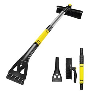 afodyl ice scraper and extendable snow brush for car, snow remover and brushes with foam grip for windshield window, pivoting brush head for suv truck vehicle(yellow)