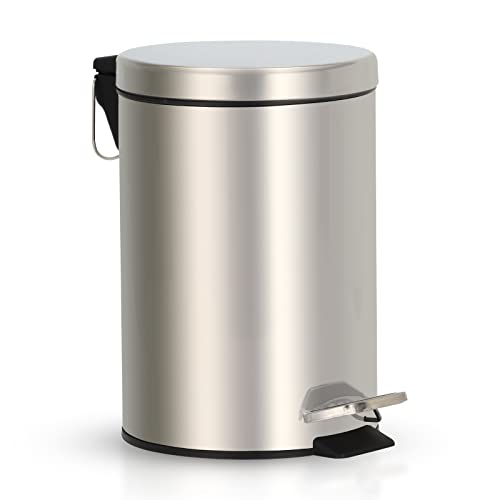 10Liter/2.6Gallon Round Metal Smudge Resistant Step Trash Can with Foot Pedal and Soft-Close Lid, Brushed Hands-Free Stainless Garbage Can with Removable Liner Bucket for Bathroom, Kitchen, Bedroom