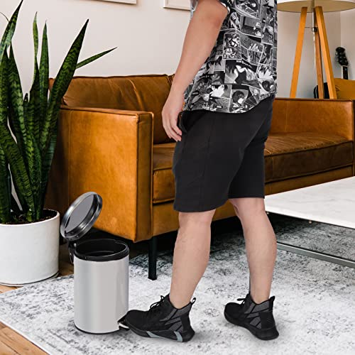 10Liter/2.6Gallon Round Metal Smudge Resistant Step Trash Can with Foot Pedal and Soft-Close Lid, Brushed Hands-Free Stainless Garbage Can with Removable Liner Bucket for Bathroom, Kitchen, Bedroom