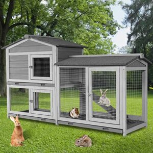 geguri rabbit hutch indoor rabbit cage outdoor, chicken coop bunny cage with pull out tray, waterproof roof, ramp (57.8" l x 17.9" w x 27.9" h, grey)