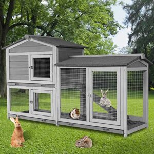 GEGURI Rabbit Hutch Indoor Rabbit Cage Outdoor, Chicken Coop Bunny Cage with Pull Out Tray, Waterproof Roof, Ramp (57.8" L x 17.9" W x 27.9" H, Grey)