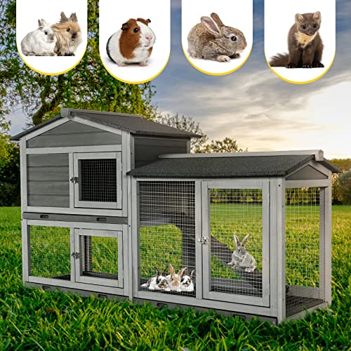 GEGURI Rabbit Hutch Indoor Rabbit Cage Outdoor, Chicken Coop Bunny Cage with Pull Out Tray, Waterproof Roof, Ramp (57.8" L x 17.9" W x 27.9" H, Grey)