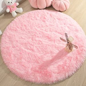 kixinwa pink round rug for girls bedroom, fluffy circle rug 4'x4' for kids room decor, soft non slip rug for nursery baby room, plush shaggy circular carpet for living room, fuzzy cute rug for dorm