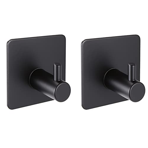 LIYUABU Adhesive Towel Hooks,Black Stainless Steel Wall Shower Hooks Heavy Duty for Hanging Towel Coat Robe on Bathroom/Kitchen/Bedroom (2 Pack)