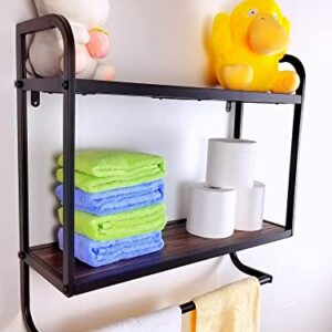 2-Tier Bathroom Shelves Wall Mounted,23.6"L x 7.87"W x 22.8"H, Rustic Wall Shelf Over Toilet,Towel Rack with Towel Bar,Utility Storage Shelf Rack, Floating Shelves Towel Holder,Retro Black