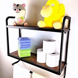 2-Tier Bathroom Shelves Wall Mounted,23.6"L x 7.87"W x 22.8"H, Rustic Wall Shelf Over Toilet,Towel Rack with Towel Bar,Utility Storage Shelf Rack, Floating Shelves Towel Holder,Retro Black