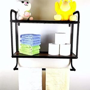 2-Tier Bathroom Shelves Wall Mounted,23.6"L x 7.87"W x 22.8"H, Rustic Wall Shelf Over Toilet,Towel Rack with Towel Bar,Utility Storage Shelf Rack, Floating Shelves Towel Holder,Retro Black